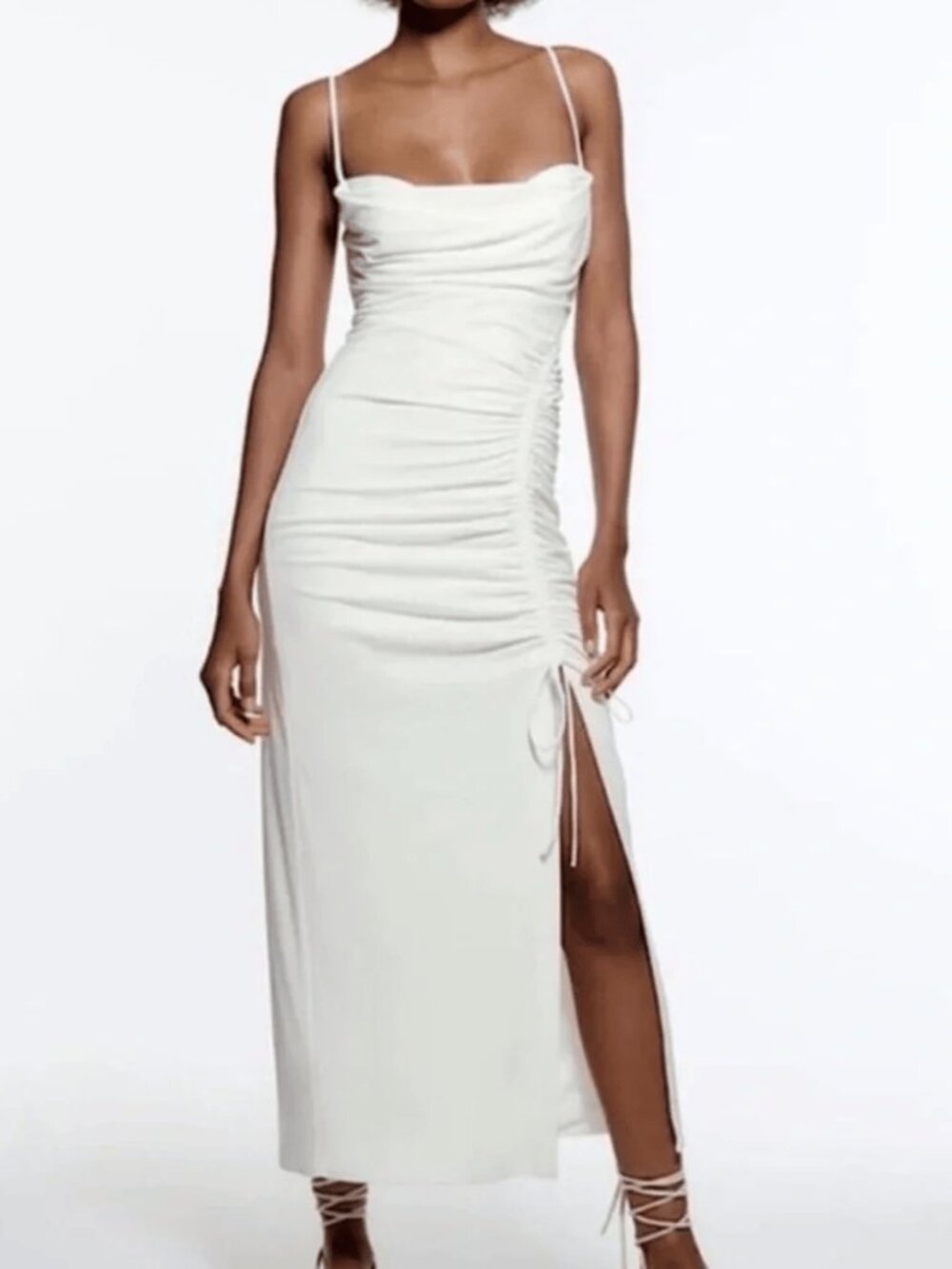 ZARA White Ruched Draped High Slit Goddess Bodycon Tank Midi Dress